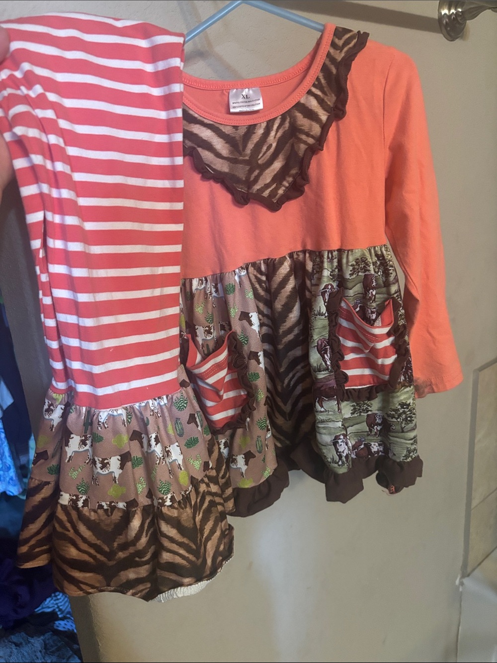 Coral Long-Sleeve Ruffle Kids set with Animal Print